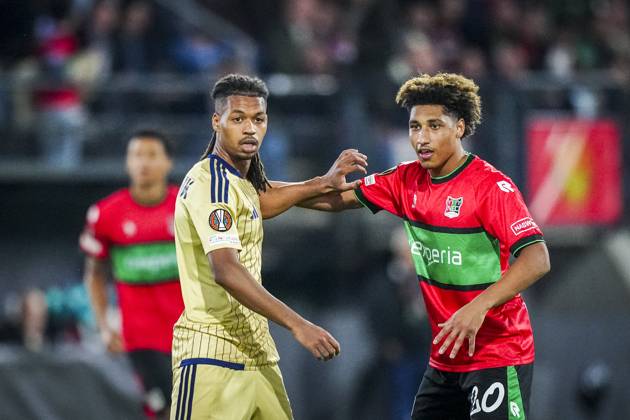NIJMEGEN , 15-10-2026 , Stadium De Goffert , season 2026 2027 , UEFA Europa League football , match between NEC Nijmegen and Levski Sofia , picture shows Levski Sofia player Mehdi Moubarik and NEC Nijmegen player Noe Lebreton NEC - Levski Sofia  x208456717x Copyright: