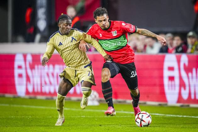 NIJMEGEN , 15-10-2026 , Stadium De Goffert , season 2026 2027 , UEFA Europa League football , match between NEC Nijmegen and Levski Sofia , picture shows Levski Sofia player David Kusso and NEC Nijmegen player Deveron Fonville NEC - Levski Sofia  x208456718x Copyright: