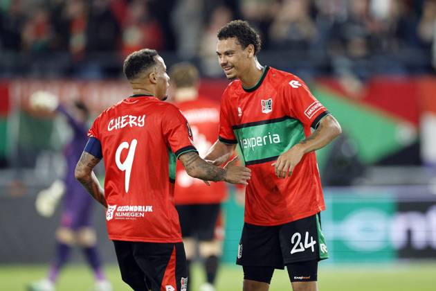 NIJMEGEN - (lr) Tjaronn Chery of NEC Nijmegen and Deveron Fonville of NEC Nijmegen celebrate the 1-1 during the Europa League match between NEC and PFC Levski Sofia at De Goffert on October 15, 2026 in Nijmegen, the Netherlands. BART STOUTJESDIJK ANP xVIxANPxSportx xxANPxIVx 572558903 originalFilename: 572558903.jpg
