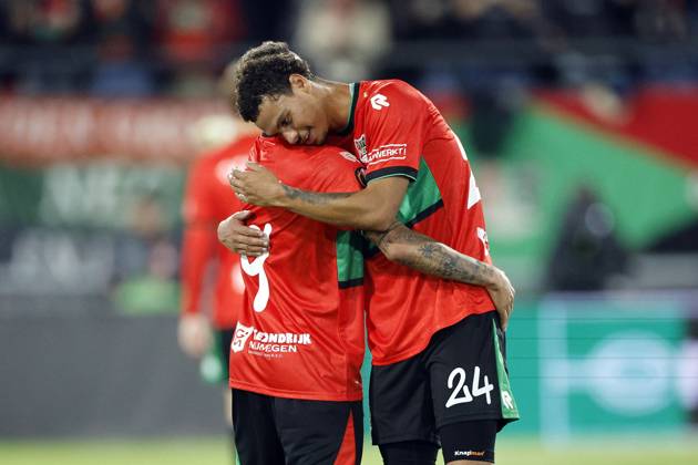 NIJMEGEN - (lr) Tjaronn Chery of NEC Nijmegen and Deveron Fonville of NEC Nijmegen celebrate the 1-1 during the Europa League match between NEC and PFC Levski Sofia at De Goffert on October 15, 2026 in Nijmegen, the Netherlands. BART STOUTJESDIJK ANP xVIxANPxSportx xxANPxIVx 572558926 originalFilename: 572558926.jpg