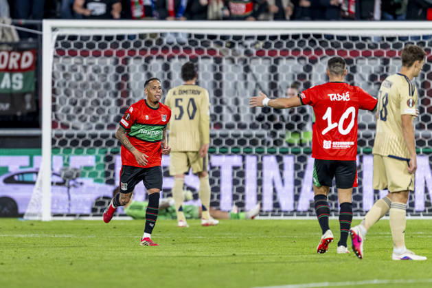 NIJMEGEN - NEC Nijmegen forward Tjaronn Chery celebrates the 1-1 during the UEFA Europa League match between N.E.C. and Levski Sofia at Stadion De Goffert on 15 October 2026 in Nijmegen, Nederland. (Photo by DeFodi Images) -