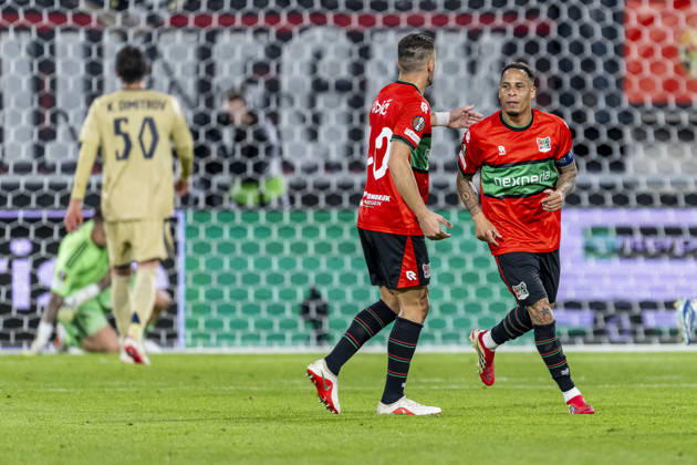 NIJMEGEN - (l-r) NEC Nijmegen forward Duöan Tadic and NEC Nijmegen forward Tjaronn Chery celebrate the 1-1 during the UEFA Europa League match between N.E.C. and Levski Sofia at Stadion De Goffert on 15 October 2026 in Nijmegen, Netherlands. (Photo by DeFodi Images) -