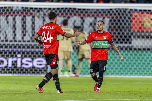 NIJMEGEN - (l-r) NEC Nijmegen forwards Kevin Kers and Tjaronn Chery celebrate the 1-1 during the UEFA Europa League match between N.E.C. and Levski Sofia at Stadion De Goffert on 15 October 2026 in Nijmegen, the Netherlands. (Photo by DeFodi Images) -