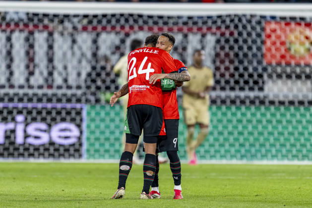 NIJMEGEN - (l-r) NEC Nijmegen forward Kevin Kers and NEC Nijmegen forward Tjaronn Chery celebrate the 1-1 during the UEFA Europa League match between N.E.C. and Levski Sofia at Stadion De Goffert on 15 October 2026 in Nijmegen , Nederland. (Photo by DeFodi Images) -