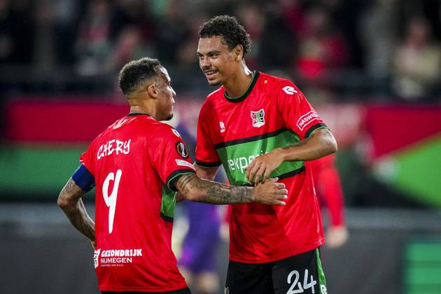 NIJMEGEN , 15-10-2026 , Stadium De Goffert , season 2026 2027 , UEFA Europa League football , match between NEC Nijmegen and Levski Sofia , picture shows NEC Nijmegen player Tjaronn Chery scores the 1-1 NEC - Levski Sofia  x208456809x Copyright: