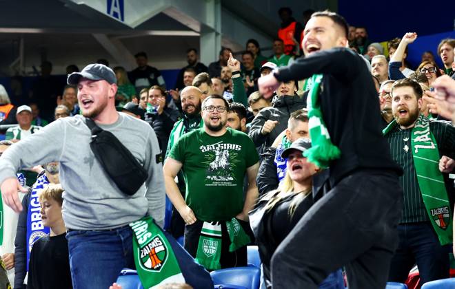 Kauno Zalgiris fans. Brighton & Hove Albion v Kauno Zalgiris, UEFA Conference League, Football, American Express Stadium, Brighton, UK - 15 Oct 2026Brighton American Express Stadium United Kingdom  Copyright: xJamesxMarsh Shutterstockx 17218542az