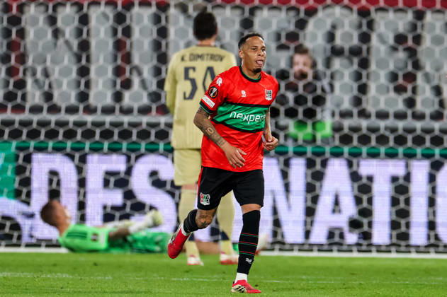 NIJMEGEN, NETHERLANDS - OCTOBER 15: Tjaronn Chery of NEC Nijmegen reacts after scoring his team s first goal during the UEFA Europa League 2026 27 League Phase MD2 match between N.E.C. Nijmegen and PFC Levski Sofia at Goffertstadion on October 15, 2026 in Nijmegen, Netherlands.  Copyright: xRenexNijhuis MBxMediax