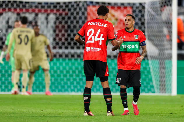 NIJMEGEN, NETHERLANDS - OCTOBER 15: Tjaronn Chery of NEC Nijmegen celebrates with Deveron Fonville of NEC Nijmegen after scoring his team s first goal during the UEFA Europa League 2026 27 League Phase MD2 match between N.E.C. Nijmegen and PFC Levski Sofia at Goffertstadion on October 15, 2026 in Nijmegen, Netherlands.  Copyright: xRenexNijhuis MBxMediax