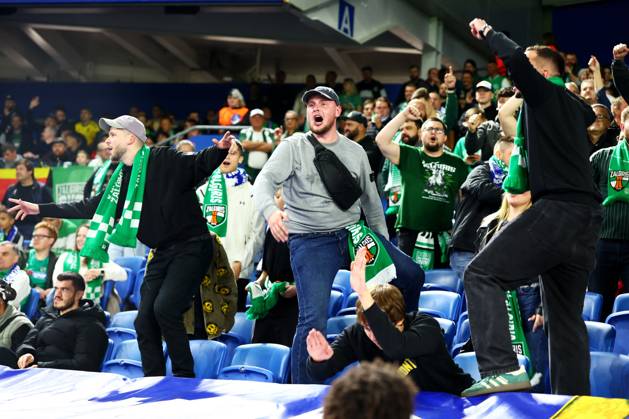Kauno Zalgiris fans. Brighton & Hove Albion v Kauno Zalgiris, UEFA Conference League, Football, American Express Stadium, Brighton, UK - 15 Oct 2026Brighton American Express Stadium United Kingdom  Copyright: xJamesxMarsh Shutterstockx 17218542bc