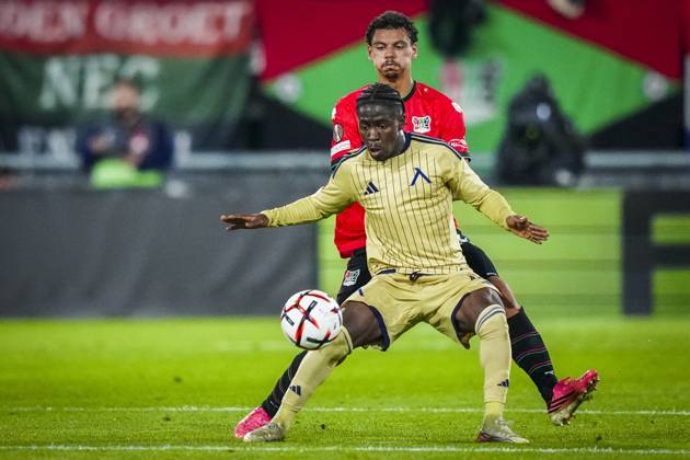 NIJMEGEN , 15-10-2026 , Stadium De Goffert , season 2026 2027 , UEFA Europa League football , match between NEC Nijmegen and Levski Sofia , picture shows Levski Sofia player Aldair Neves and NEC Nijmegen player Clement Bischoff NEC - Levski Sofia  x208457190x Copyright: