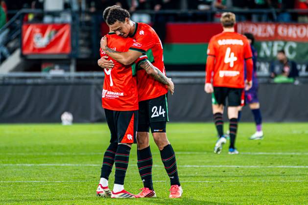 NIJMEGEN - Tjaronn Chery of NEC Nijmegen celebrates his team s first goal with Deveron Fonville of NEC Nijmegen during the UEFA Europa League match between NEC Nijmegen and Levski Sofia at the Goffertstadion on October 15, 2026, in Nijmegen, the Netherlands. KEVIN SENDERS ANP UEFA Europa League 2026 27 xVIxANPxSportx xMarcelxterxBalsxIVx 572560066 originalFilename: 572560066.jpg