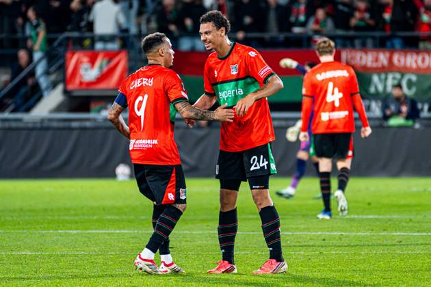 NIJMEGEN - Tjaronn Chery of NEC Nijmegen celebrates his team s first goal with Deveron Fonville of NEC Nijmegen during the UEFA Europa League match between NEC Nijmegen and Levski Sofia at the Goffertstadion on October 15, 2026, in Nijmegen, the Netherlands. KEVIN SENDERS ANP UEFA Europa League 2026 27 xVIxANPxSportx xMarcelxterxBalsxIVx 572560102 originalFilename: 572560102.jpg