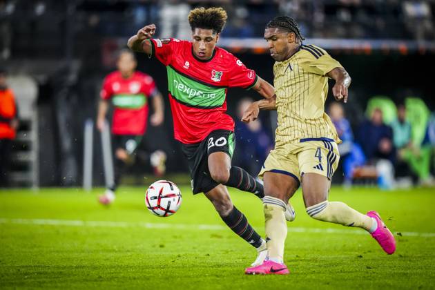 NIJMEGEN , 15-10-2026 , Stadium De Goffert , season 2026 2027 , UEFA Europa League football , match between NEC Nijmegen and Levski Sofia , picture shows NEC Nijmegen player Noe Lebreton and Levski Sofia player Christian Makoun NEC - Levski Sofia  x208457200x Copyright: