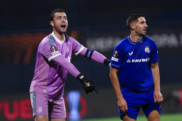 Zagreb, Croatia, 15th October 2026. UEFA Europa League. League phase, Matchday 2, Dinamo Zagreb vs Anderlecht at Maksimir Stadium, Zagreb. Colin COOSEMANS (26) pointing finger. UEFA Europa League, Dinamo Zagreb vs Anderlecht.