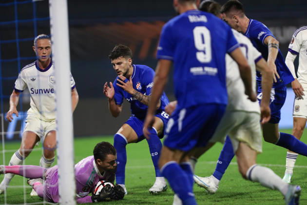 Zagreb, Croatia, 15th October 2026. UEFA Europa League. League phase, Matchday 2, Dinamo Zagreb vs Anderlecht at Maksimir Stadium, Zagreb. Players in front of Anderlecht goal. UEFA Europa League, Dinamo Zagreb vs Anderlecht.