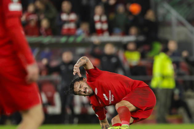 Soccer, Conference League 2026 Brann Lincoln Red Imps Bergen 20261015 Brann s Niklas Castro lies down after scoring the 2-1 goal during the Conference League soccer match between SK Brann and Lincoln Red Imps at Brann Stadium. Photo: Paul S. Amundsen, NTB, Bergen, Norway EDITORIAL USE ONLY; RESTRICTED USE FOR BETTING COMPANIES  Copyright: xPaulxS.xAmundsenx xNTBx