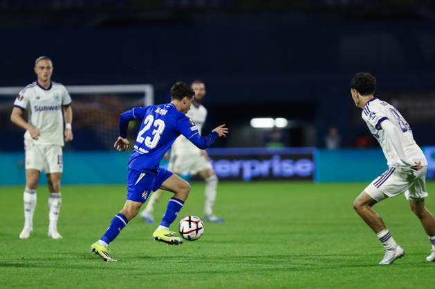 Zagreb, Croatia, 15th October 2026. UEFA Europa League. League phase, Matchday 2, Dinamo Zagreb vs Anderlecht at Maksimir Stadium, Zagreb. Iker ALMENA (23) with the ball. UEFA Europa League, Dinamo Zagreb vs Anderlecht.