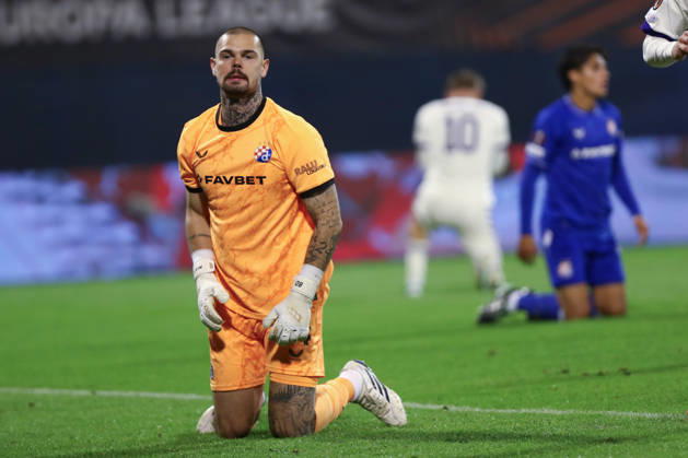 Zagreb, Croatia, 15th October 2026. UEFA Europa League. League phase, Matchday 2, Dinamo Zagreb vs Anderlecht at Maksimir Stadium, Zagreb. Dominik KOTARSKI (24) kneeling on the ground. UEFA Europa League, Dinamo Zagreb vs Anderlecht.