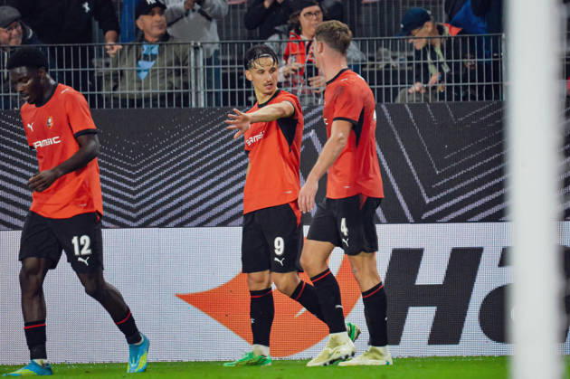 FOOTBALL : Stade Rennais vs OFI Crete - Europa League - Journée 2 - 15 10 2026 Joie des joueurs du Stade Rennais aprés le but de Abdelhamid Ait Boudlal (Stade Rennais) RennesFrance  Copyright: xBaptistexAutissierx