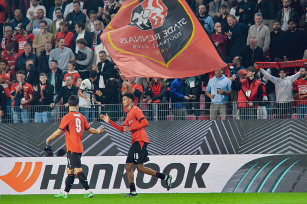 FOOTBALL : Stade Rennais vs OFI Crete - Europa League - Journée 2 - 15 10 2026 Joie des joueurs du Stade Rennais aprés le but de Abdelhamid Ait Boudlal (Stade Rennais) RennesFrance  Copyright: xBaptistexAutissierx