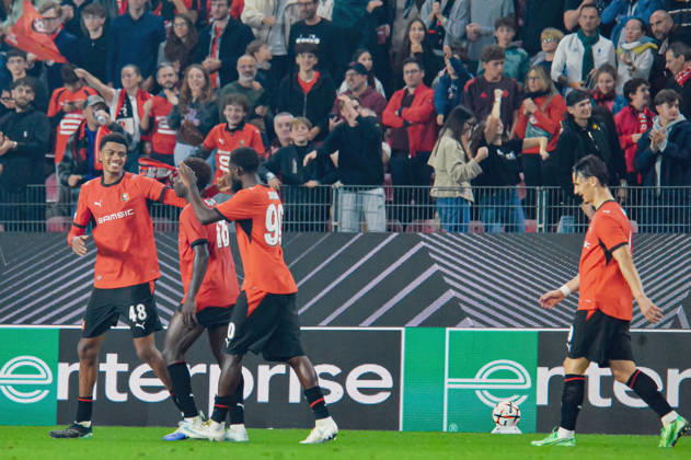 FOOTBALL : Stade Rennais vs OFI Crete - Europa League - Journée 2 - 15 10 2026 Joie des joueurs du Stade Rennais aprés le but de Abdelhamid Ait Boudlal (Stade Rennais) RennesFrance  Copyright: xBaptistexAutissierx