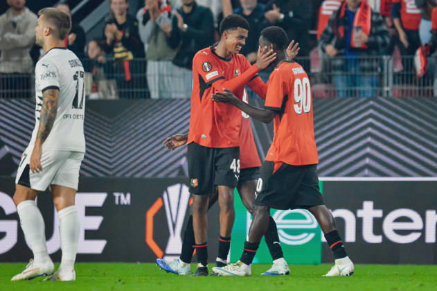 FOOTBALL : Stade Rennais vs OFI Crete - Europa League - Journée 2 - 15 10 2026 Joie des joueurs du Stade Rennais aprés le but de Abdelhamid Ait Boudlal (Stade Rennais) RennesFrance  Copyright: xBaptistexAutissierx