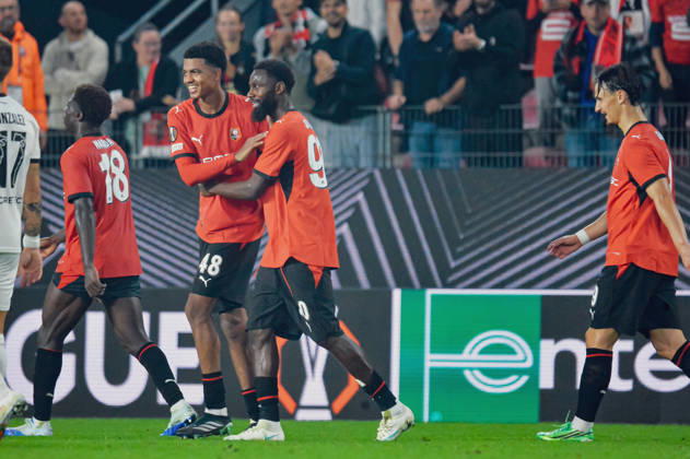 FOOTBALL : Stade Rennais vs OFI Crete - Europa League - Journée 2 - 15 10 2026 Joie des joueurs du Stade Rennais aprés le but de Abdelhamid Ait Boudlal (Stade Rennais) RennesFrance  Copyright: xBaptistexAutissierx