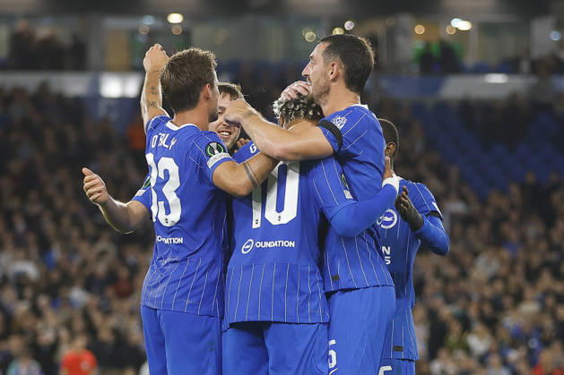 RECORD DATE NOT STATED 15th October 2026; American Express Stadium, Brighton, England; UEFA Conference League Football, Brighton and Hove Albion versus Kauno Zalgiris; Brighton and Hove Albion celebrating their goal in the 42nd minute of the first half ChrisxRoll