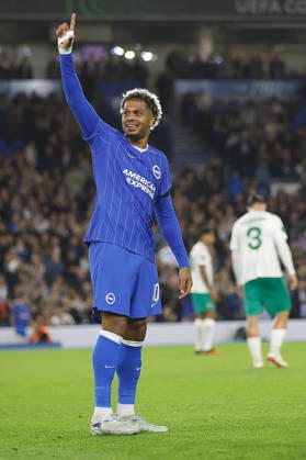 RECORD DATE NOT STATED 15th October 2026; American Express Stadium, Brighton, England; UEFA Conference League Football, Brighton and Hove Albion versus Kauno Zalgiris; Georginio Rutter of Brighton and Hove Albion celebrates his teams first goal in the 42nd minute ChrisxRoll