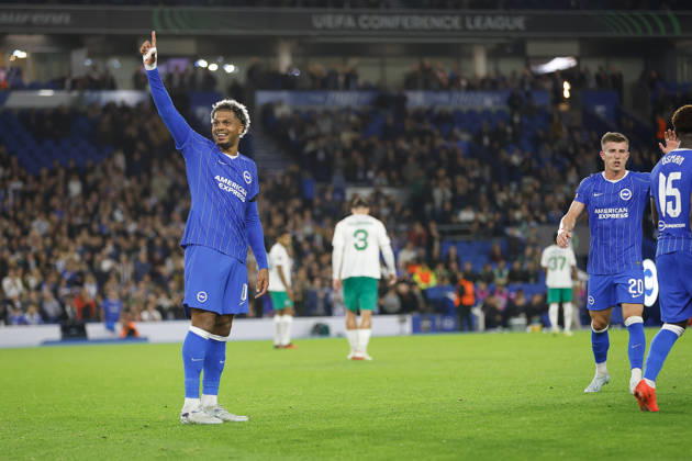 RECORD DATE NOT STATED 15th October 2026; American Express Stadium, Brighton, England; UEFA Conference League Football, Brighton and Hove Albion versus Kauno Zalgiris; Georginio Rutter of Brighton and Hove Albion celebrates his teams first goal in the 42nd minute ChrisxRoll