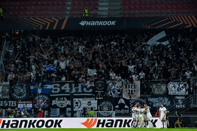 FOOTBALL : Stade Rennais vs OFI Crete - Europa League - Journée 2 - 15 10 2026 Joie des joueurs de OFI Crete aprés le but de Taxiarchis Fountas (OFI Crete) RennesFrance  Copyright: xBaptistexAutissierx