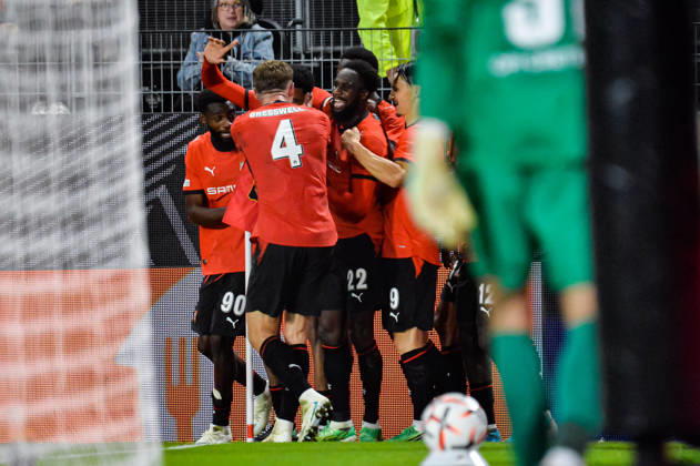FOOTBALL : Stade Rennais vs OFI Crete - Europa League - Journée 2 - 15 10 2026 Joie des joueurs du Stade Rennais aprés le but de Abdelhamid Ait Boudlal (Stade Rennais) RennesFrance  Copyright: xBaptistexAutissierx