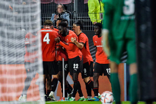 FOOTBALL : Stade Rennais vs OFI Crete - Europa League - Journée 2 - 15 10 2026 Joie des joueurs du Stade Rennais aprés le but de Abdelhamid Ait Boudlal (Stade Rennais) RennesFrance  Copyright: xBaptistexAutissierx