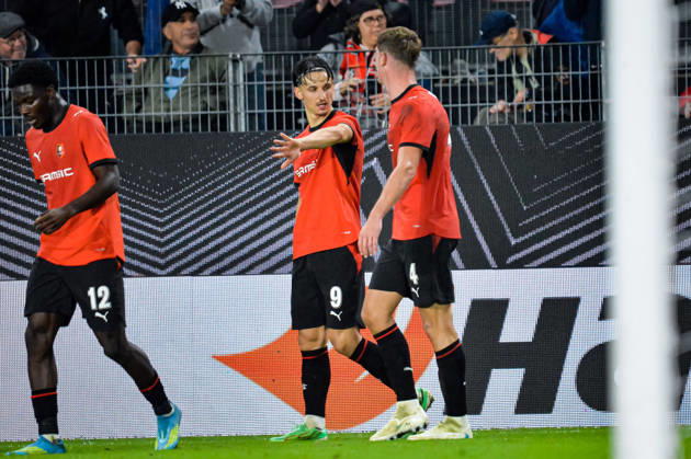 FOOTBALL : Stade Rennais vs OFI Crete - Europa League - Journée 2 - 15 10 2026 Joie des joueurs du Stade Rennais aprés le but de Abdelhamid Ait Boudlal (Stade Rennais) RennesFrance  Copyright: xBaptistexAutissierx