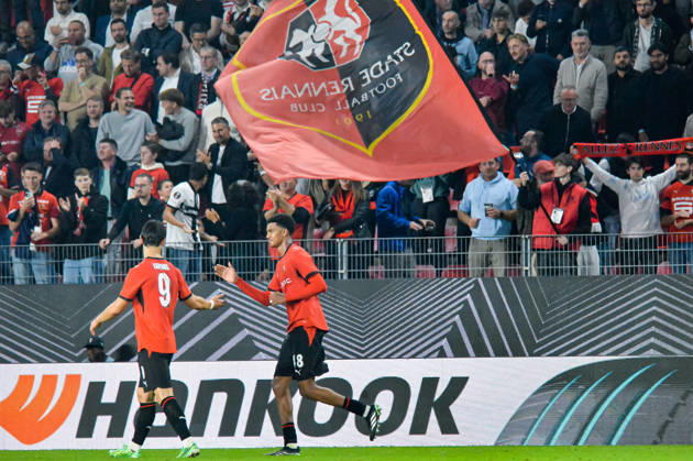 FOOTBALL : Stade Rennais vs OFI Crete - Europa League - Journée 2 - 15 10 2026 Joie des joueurs du Stade Rennais aprés le but de Abdelhamid Ait Boudlal (Stade Rennais) RennesFrance  Copyright: xBaptistexAutissierx