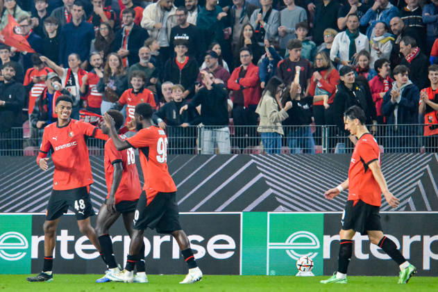 FOOTBALL : Stade Rennais vs OFI Crete - Europa League - Journée 2 - 15 10 2026 Joie des joueurs du Stade Rennais aprés le but de Abdelhamid Ait Boudlal (Stade Rennais) RennesFrance  Copyright: xBaptistexAutissierx