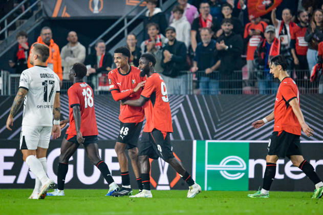 FOOTBALL : Stade Rennais vs OFI Crete - Europa League - Journée 2 - 15 10 2026 Joie des joueurs du Stade Rennais aprés le but de Abdelhamid Ait Boudlal (Stade Rennais) RennesFrance  Copyright: xBaptistexAutissierx