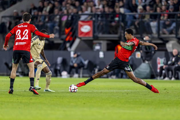 NIJMEGEN - (R) NEC Nijmegen forward Kevin Kers during the UEFA Europa League match between N.E.C. and Levski Sofia at Stadion De Goffert on 15 October 2026 in Nijmegen, Nederland. (Photo by DeFodi Images) -