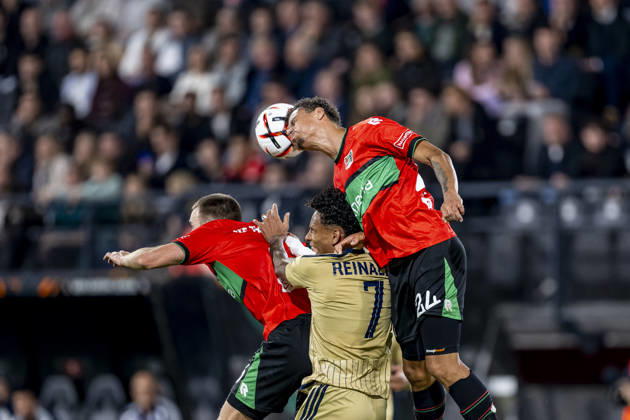 NIJMEGEN - (l-r) Levski Sofia forward Reinaldo and NEC Nijmegen defender Deveron Fonville during the UEFA Europa League match between N.E.C. and Levski Sofia in Stadion De Goffert on 15 October 2026 in Nijmegen, Nederland. (Photo by DeFodi Images) -
