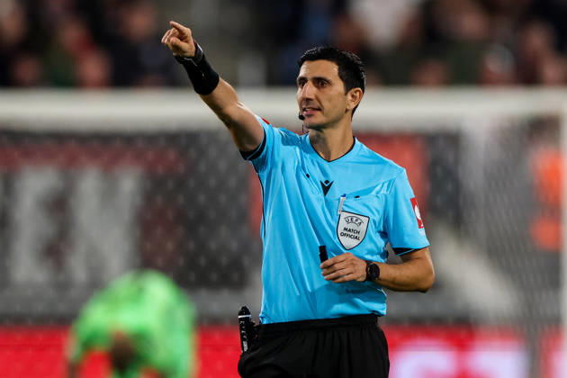NIJMEGEN, NETHERLANDS - OCTOBER 15: referee Aliyar Aghayev gestures during the UEFA Europa League 2026 27 League Phase MD2 match between N.E.C. Nijmegen and PFC Levski Sofia at Goffertstadion on October 15, 2026 in Nijmegen, Netherlands.  Copyright: xRenexNijhuis MBxMediax