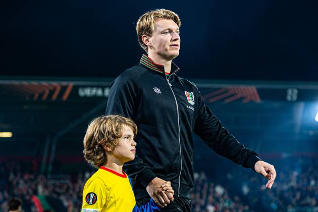 NIJMEGEN - Perr Schuurs of NEC Nijmegen ahead of the UEFA Europa League match between NEC Nijmegen and Levski Sofia at the Goffertstadion on October 15, 2026 in Nijmegen, the Netherlands. KEVIN SENDERS ANP UEFA Europa League 2026 27 xVIxANPxSportx xMarcelxterxBalsxIVx 572571777 originalFilename: 572571777.jpg
