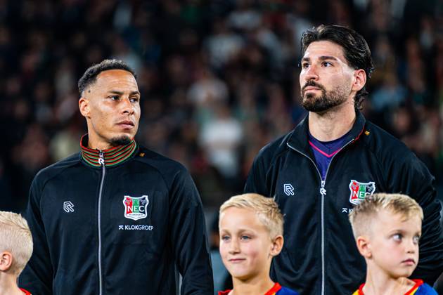 NIJMEGEN - Tjaronn Chery of NEC Nijmegen and Goalkeeper Gonzalo Crettaz of NEC Nijmegen prior to the UEFA Europa League match between NEC Nijmegen and Levski Sofia at the Goffertstadion on 15 October 2026 in Nijmegen, the Netherlands. KEVIN SENDERS ANP UEFA Europa League 2026 27 xVIxANPxSportx xMarcelxterxBalsxIVx 572571797 originalFilename: 572571797.jpg