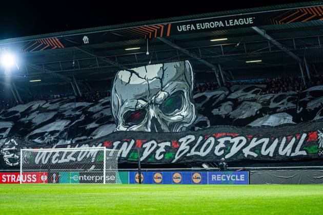 NIJMEGEN - Supporters of NEC Nijmegen with a fan display prior to the UEFA Europa League match between NEC Nijmegen and Levski Sofia at the Goffertstadion on October 15, 2026 in Nijmegen, the Netherlands. KEVIN SENDERS ANP UEFA Europa League 2026 27 xVIxANPxSportx xMarcelxterxBalsxIVx 572571862 originalFilename: 572571862.jpg