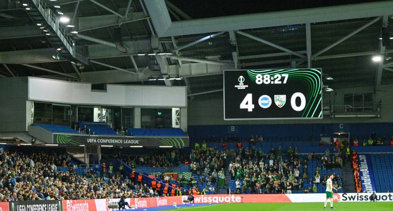 A four nil scoreline in favour of Brighton during the UEFA Conference League match between Brighton and Hove Albion and Kuano Zalgiris at the American Express Stadium , Brighton , UK - 15th October 2026 Brighton & Hove Albion vs Kuano Zalgiris UEFA Conference League Football, Amex Stadium, Sussex, United Kingdom - 15 Oct 2026Brighton Amex Stadium Sussex United Kingdom Editorial use only. No merchandising. For Football images FA and Premier League restrictions apply inc. no internet mobile usage without FAPL license - for details contact Football Dataco  Copyright: xSimonxDack TPI Shutterstockx 17218395ao