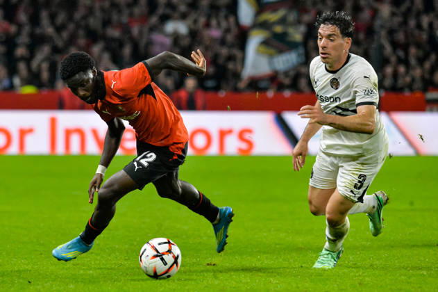 FOOTBALL : Stade Rennais vs OFI Crete - Europa League - Journée 2 - 15 10 2026 Eliezer Mayenda (Stade Rennais) Nikolaos Athanasiou (OFI Crete) RennesFrance  Copyright: xBaptistexAutissierx