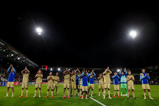 NIJMEGEN, NETHERLANDS - OCTOBER 15: Levski Sofia players acknowledge fans after the UEFA Europa League 2026 27 League Phase MD2 match between N.E.C. Nijmegen and PFC Levski Sofia at Goffertstadion on October 15, 2026 in Nijmegen, Netherlands.  Copyright: xRenexNijhuis MBxMediax