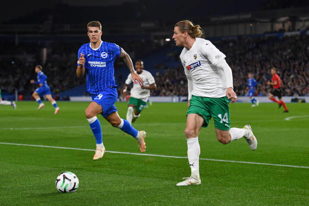 Brighton and Hove Albion v Kauno Zalgiris, UEFA Conference League Luka Vuskovic Defender of Brighton and Hove Albion chases down Vykintas Slivka of Kauno Zalgiris during the UEFA Conference League match between Brighton and Hove Albion and Kauno Zalgiris at the American Express Stadium, Brighton and Hove, UK on 15 October 2026. Brighton and Hove American Express Stadium East Sussex UK Editorial use only , Copyright: xJeffxMoodx PSI-25024-0026
