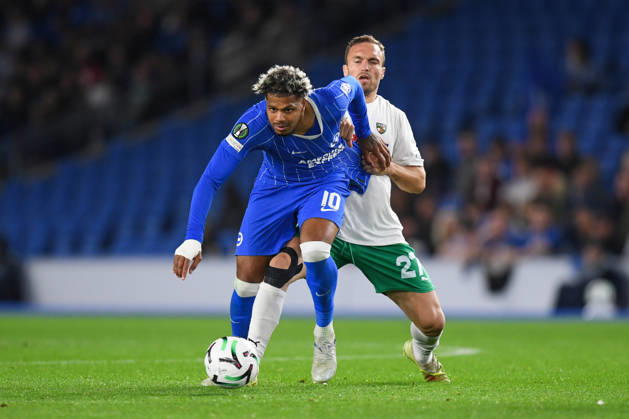 Brighton and Hove Albion v Kauno Zalgiris, UEFA Conference League Georginio Rutter Forward of Brighton and Hove Albion shrugs off Gabriel Debeljuh of Kauno Zalgiris during the UEFA Conference League match between Brighton and Hove Albion and Kauno Zalgiris at the American Express Stadium, Brighton and Hove, UK on 15 October 2026. Brighton and Hove American Express Stadium East Sussex UK Editorial use only , Copyright: xJeffxMoodx PSI-25024-0028