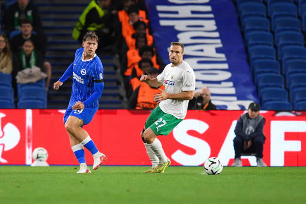 Brighton and Hove Albion v Kauno Zalgiris, UEFA Conference League Michael Svoboda Defender of Brighton and Hove Albion and Gabriel Debeljuh of Kauno Zalgiris in action during the UEFA Conference League match between Brighton and Hove Albion and Kauno Zalgiris at the American Express Stadium, Brighton and Hove, UK on 15 October 2026. Brighton and Hove American Express Stadium East Sussex UK Editorial use only , Copyright: xJeffxMoodx PSI-25024-0029