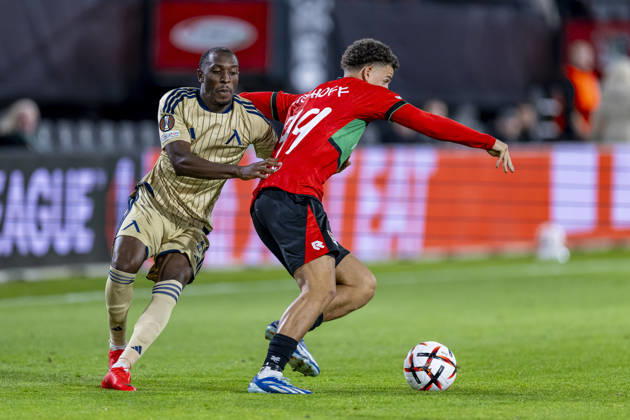 NIJMEGEN - (l-r) Levski Sofia forward David Kusso and NEC Nijmegen forward Clement Bischoff during the UEFA Europa League match between N.E.C. and Levski Sofia at Stadion De Goffert on 15 October 2026 in Nijmegen, the Netherlands. (Photo by DeFodi Images) -